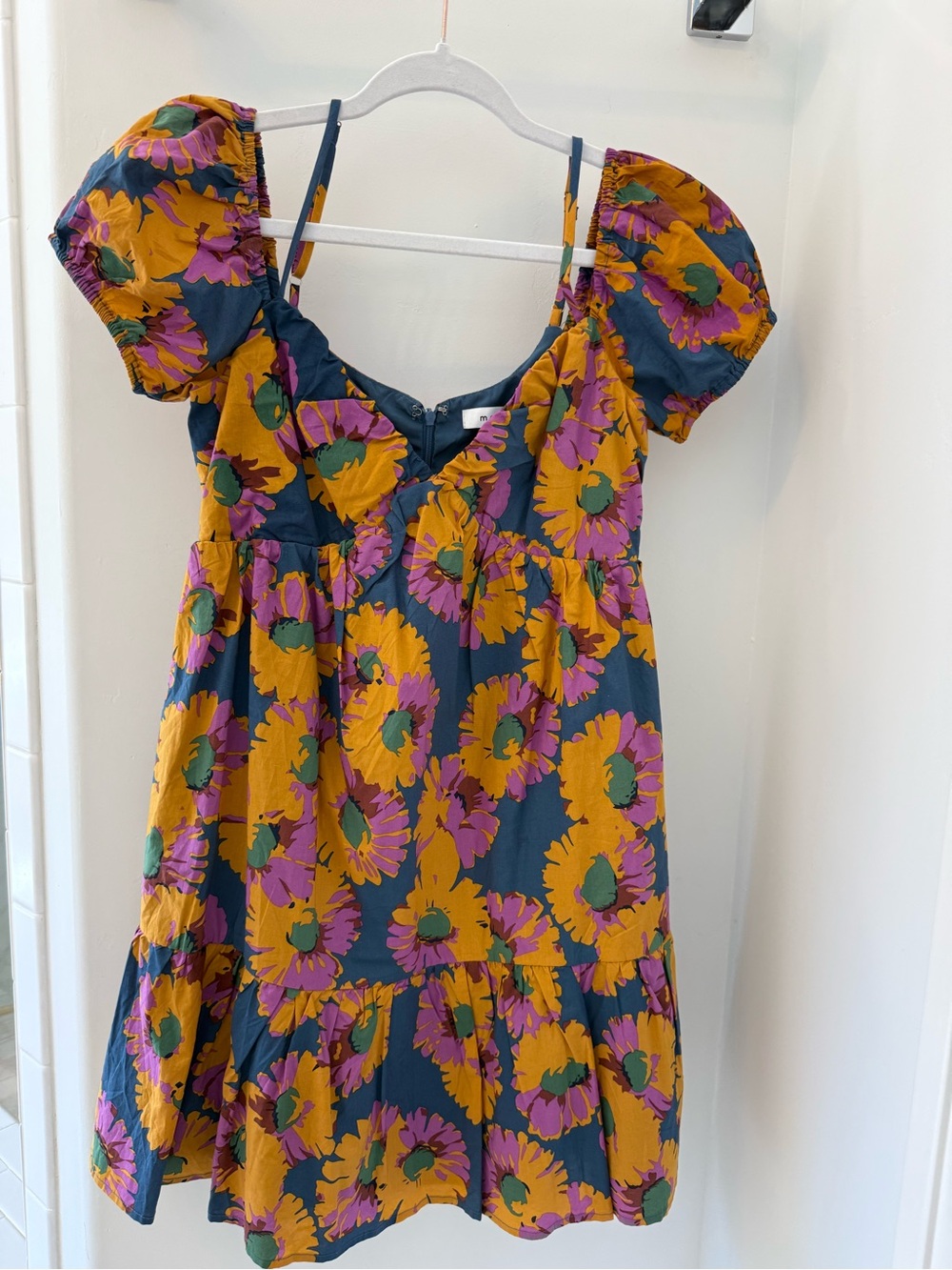 moodie Navy Floral Puff-Sleeve Dress with Mustard & Pink Blooms
